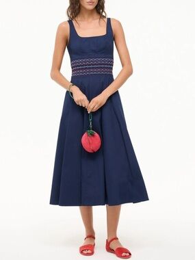 NEW STAUD Rig Smocked Embroidered Sleeveless Midi Poplin Dress Women’s Small